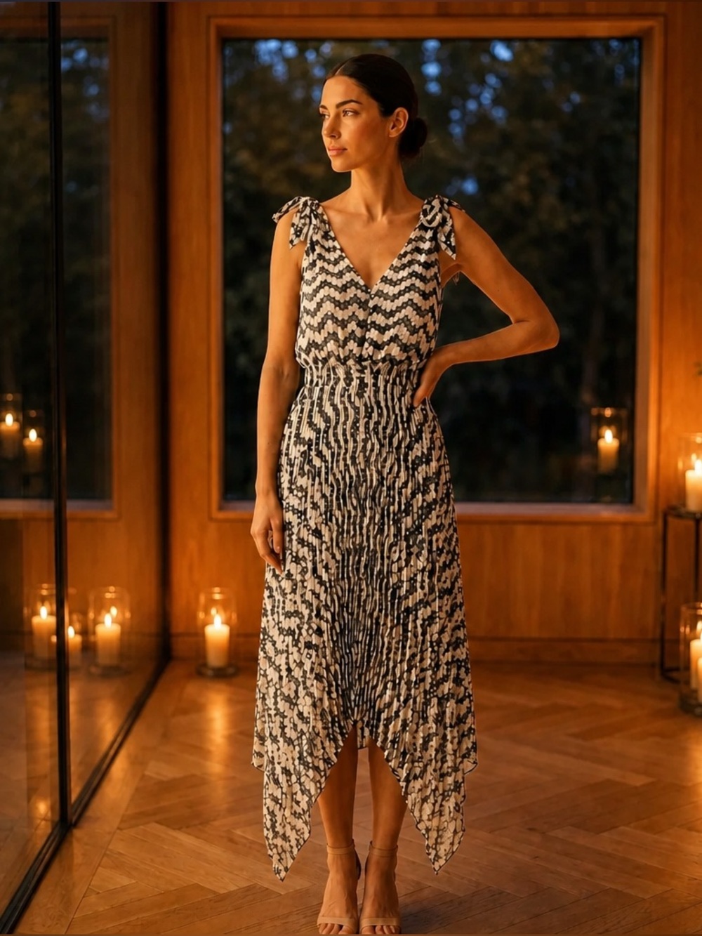 The Kooples V-Neck Flowy Maxi Dress with Asymmetrical Pleated Skirt.